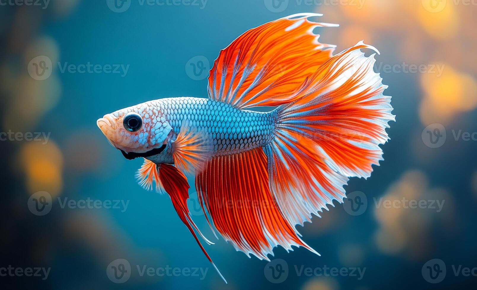 A fish with a blue body and orange tail. The fish is swimming in a blue tank photo
