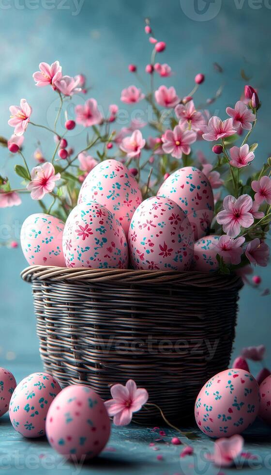 A basket filled with a variety of pink and blue eggs, each with a unique floral design. The basket is surrounded by a bed of pink flowers, creating a beautiful and whimsical display photo