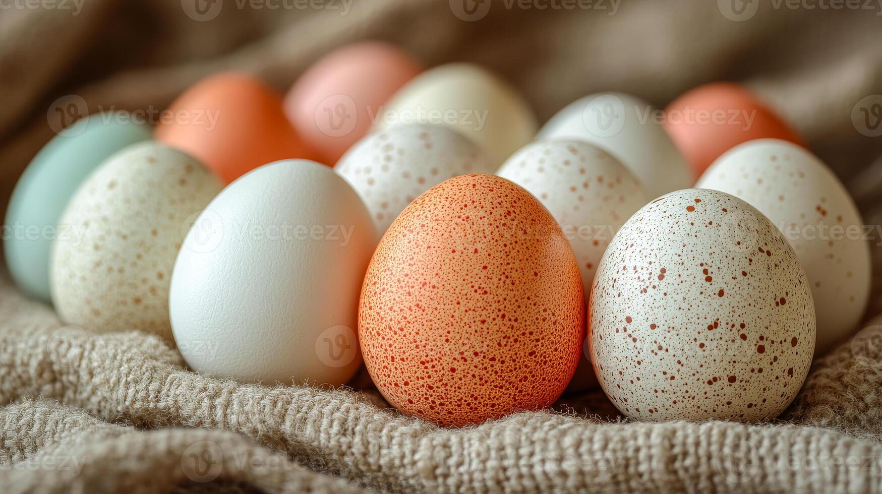 A bunch of eggs with different colors and spots on them. The eggs are arranged in a circle on a cloth photo