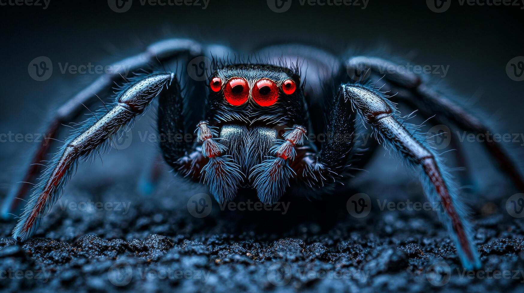 A spider with red eyes and red markings on its body. The spider is black and he is in a dark environment photo