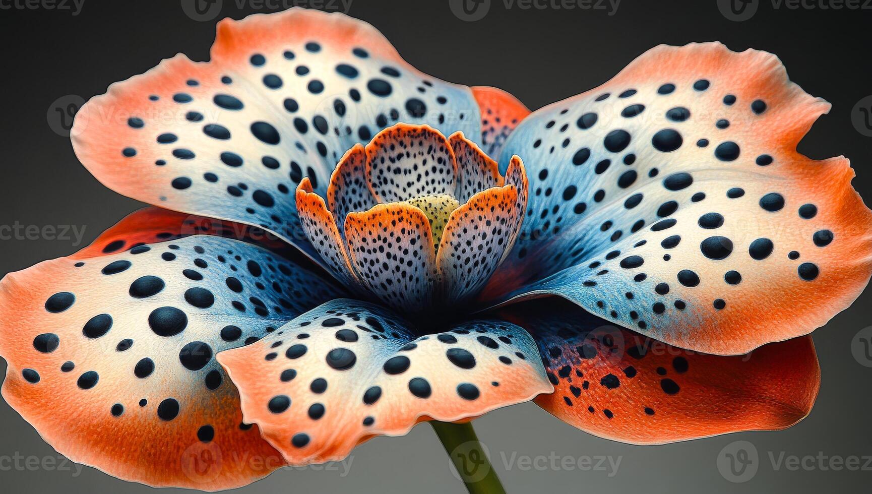 A flower with blue, orange and white petals. The flower is covered in dots. The flower is very colorful and has a lot of detail photo