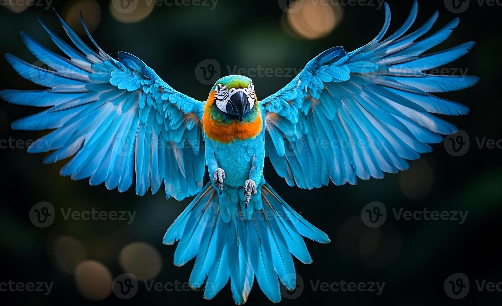 A blue and yellow parrot is flying in the air. The bird has a bright and colorful appearance, which makes it stand out against the dark background. Concept of freedom and joy photo