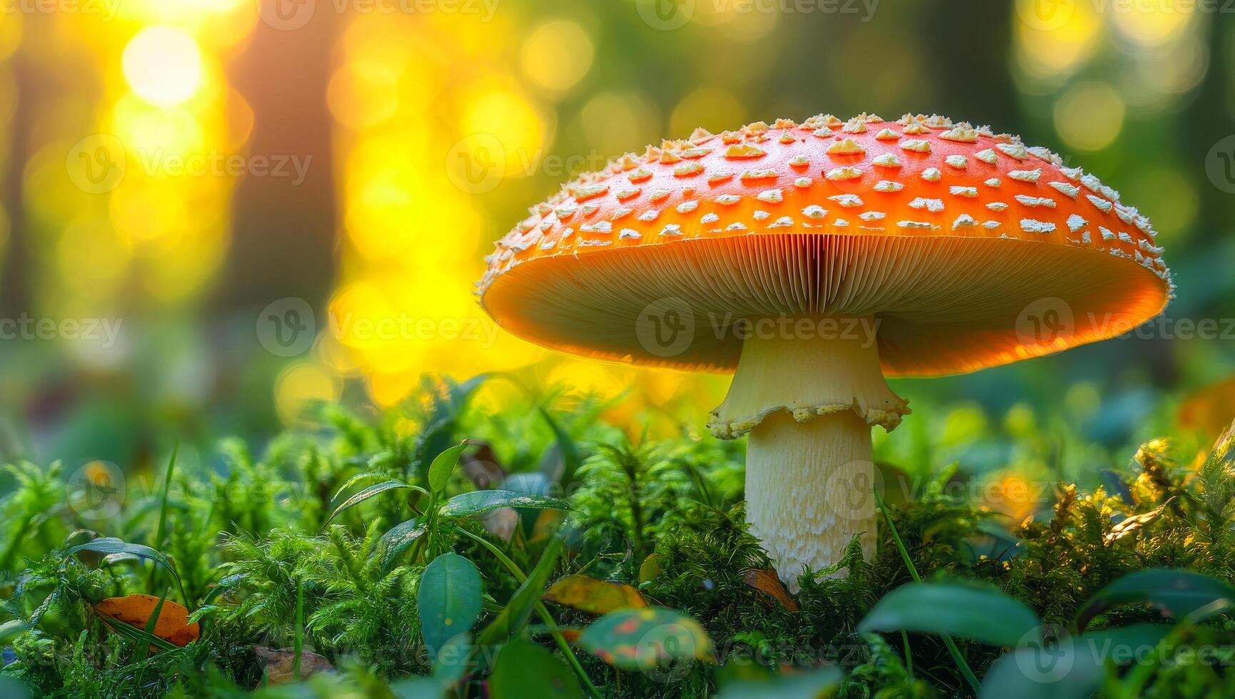 A large orange mushroom is sitting on a patch of green grass. The mushroom is surrounded by a variety of plants and grass, creating a peaceful and natural scene photo