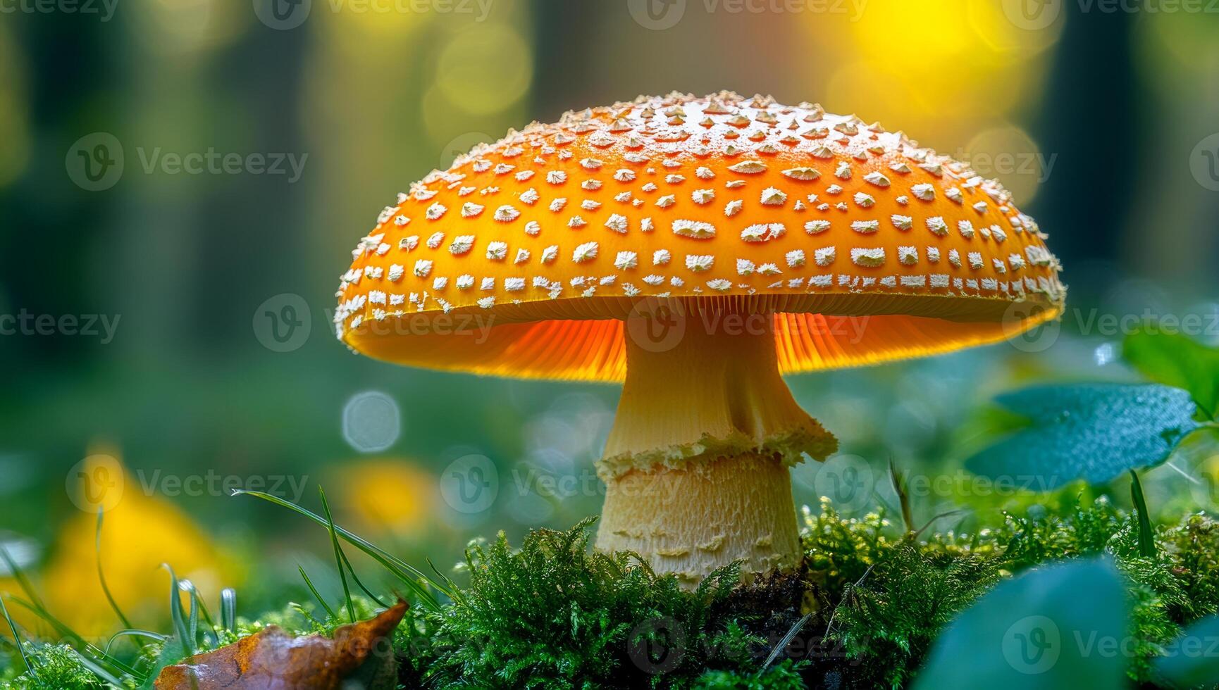 A large orange mushroom with white spots sits on a patch of green grass. The mushroom is surrounded by moss and leaves, creating a peaceful and natural scene photo
