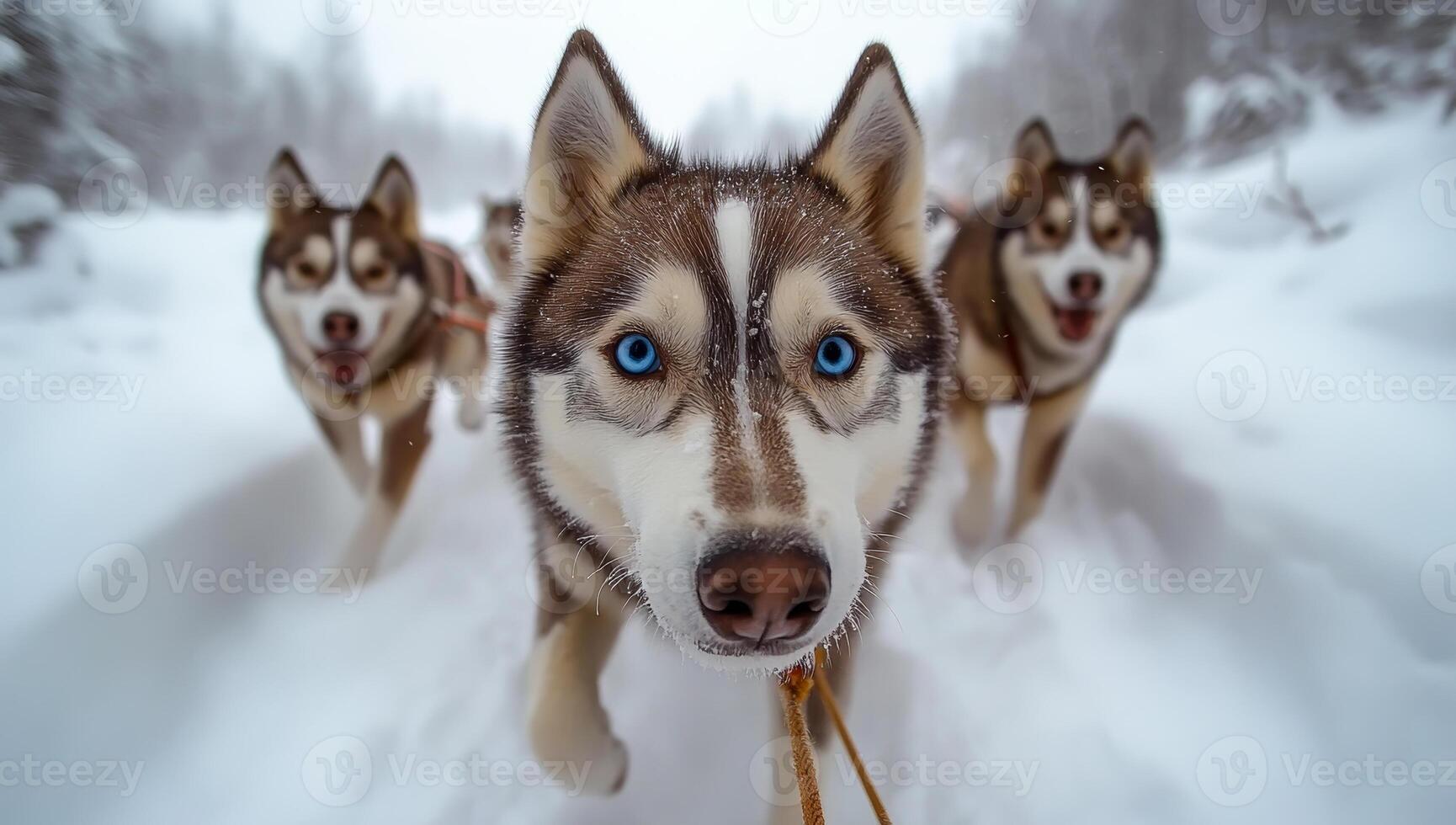 Three dogs are running in the snow, one of which has blue eyes. The dogs are wearing harnesses and appear to be well-trained. The scene is lively and energetic photo