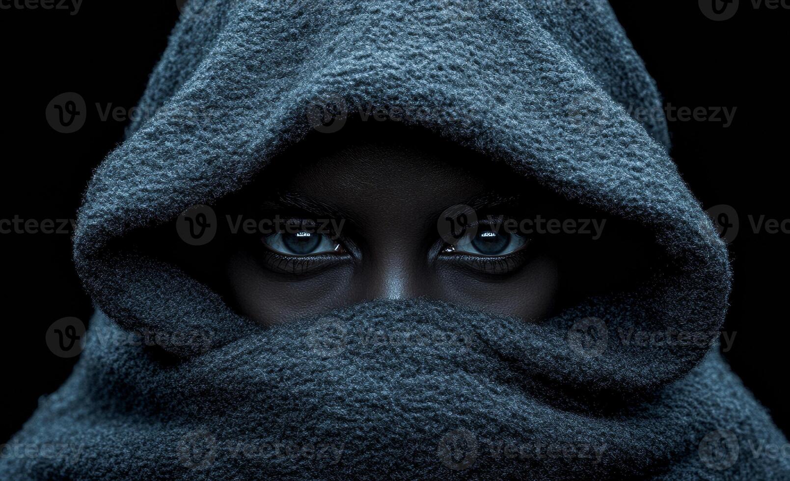 A woman with a hood pulled over her head. The hood is black and the woman's face is visible photo