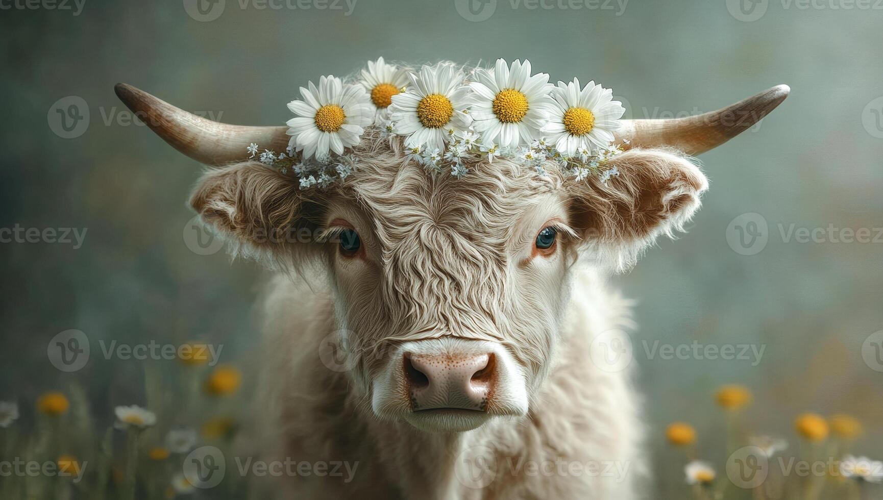 A cow with a flower crown on its head. The cow is looking at the camera. The image has a whimsical and playful mood photo