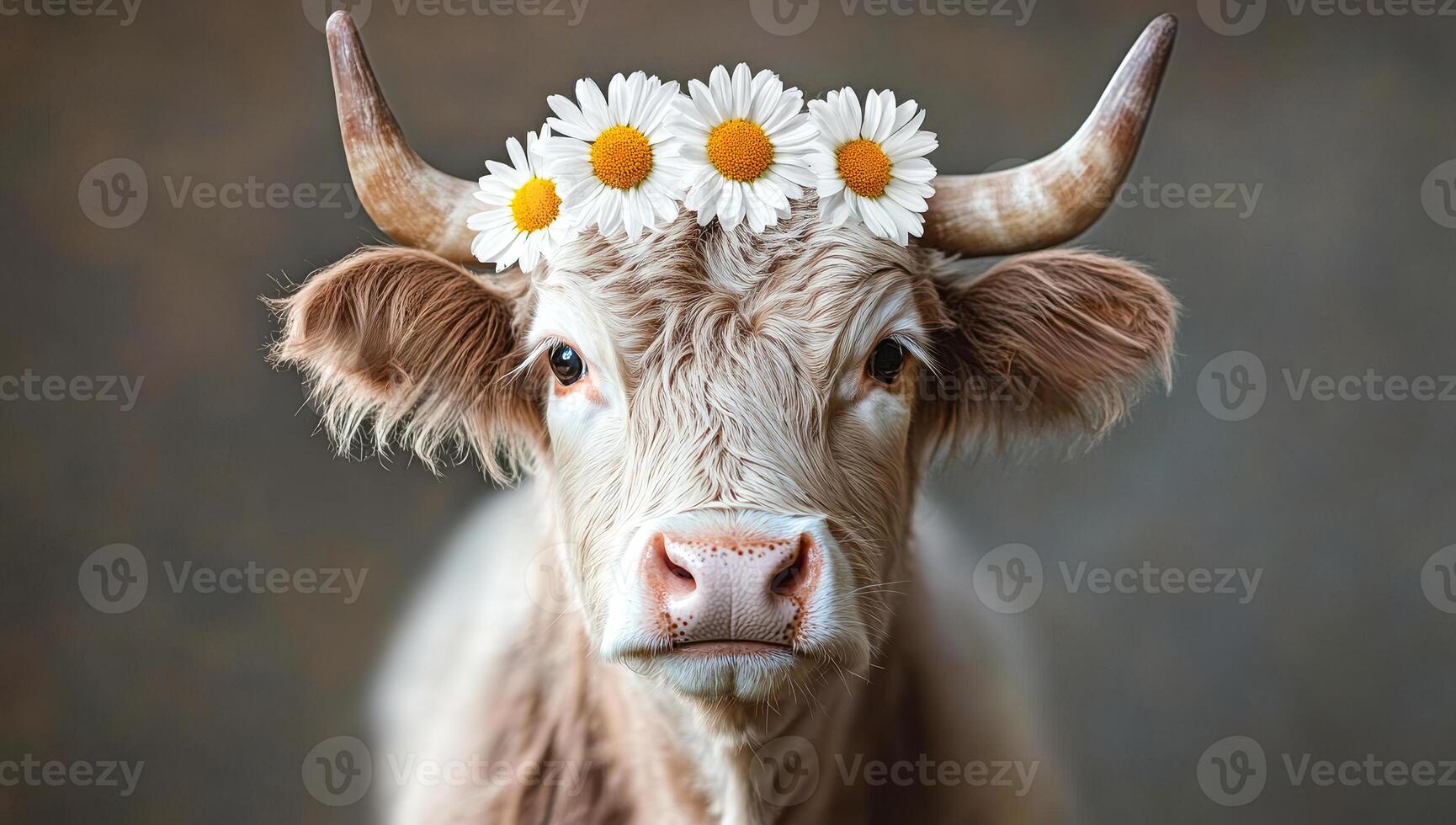 A cow with a flower crown on its head. The cow is looking at the camera. The image has a whimsical and playful mood photo