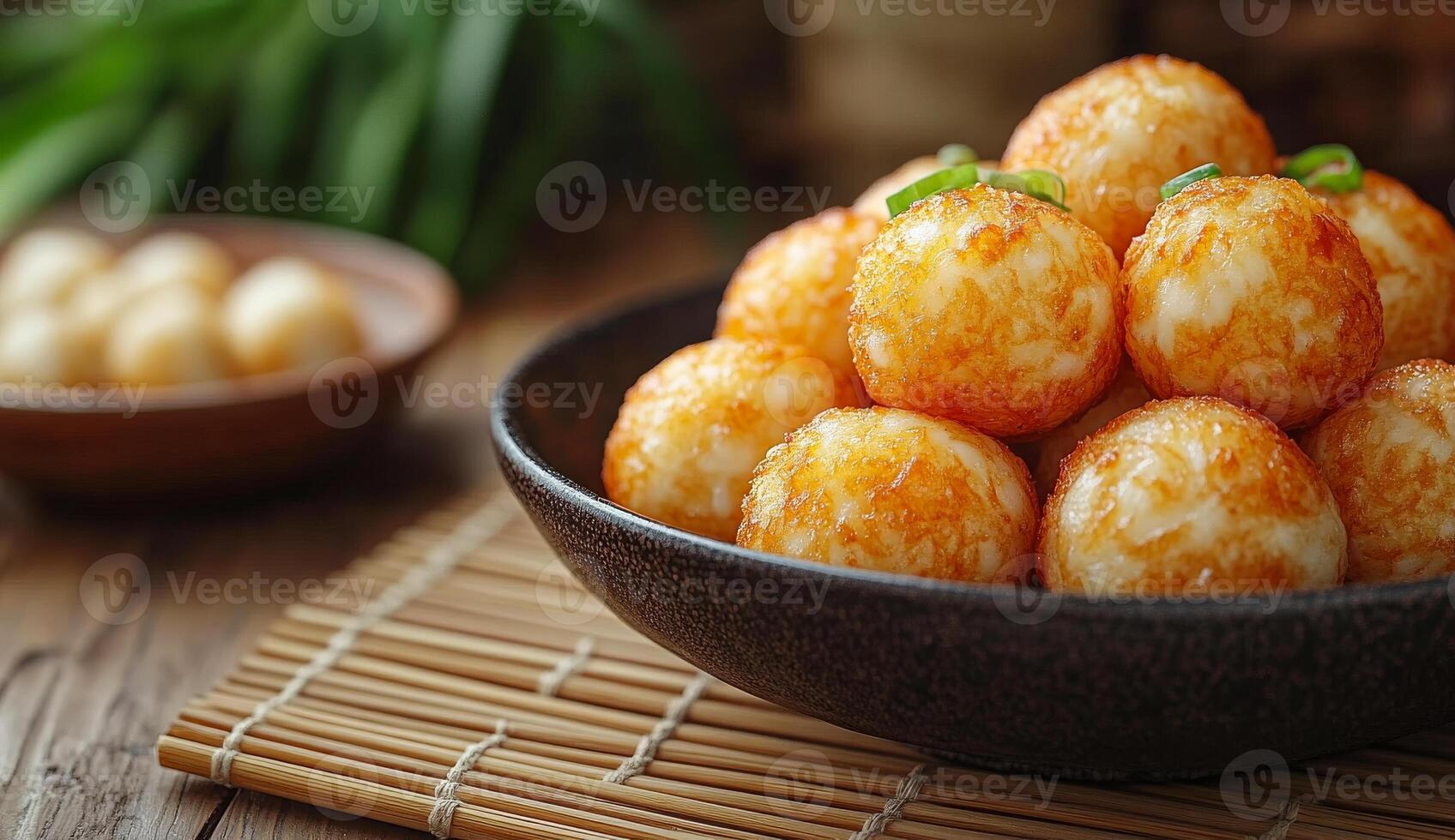 A bowl of fried food with a green leaf on top. The bowl is full of small, golden balls photo