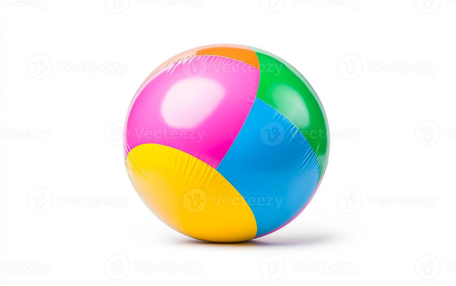 A colorful plastic beach ball with a white background. The ball is made of plastic and has a multicolored design photo