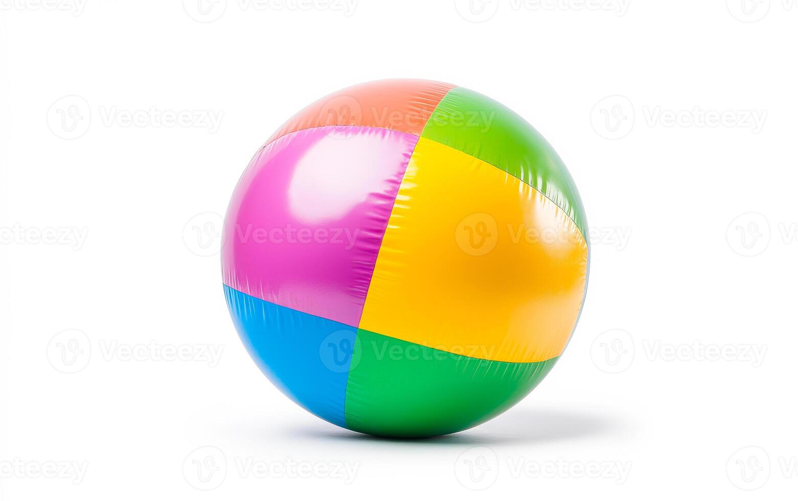 A colorful plastic ball with a white background. The ball is made of plastic and has a colorful design photo