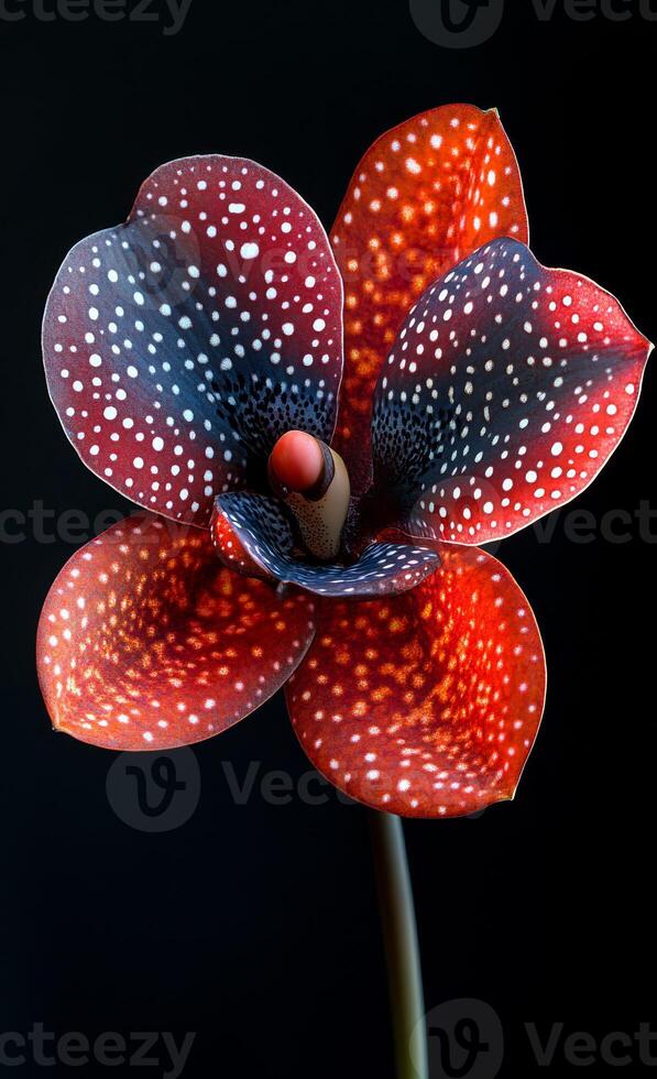 A red and blue flower with white spots. The flower is surrounded by a black background. The flower is very colorful and has a lot of detail photo