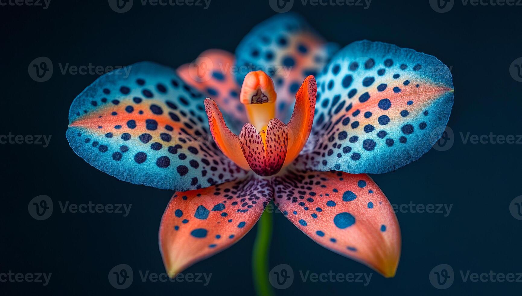 A colorful flower with red and blue spots. The flower is surrounded by green leaves. The flower is the main focus of the image photo