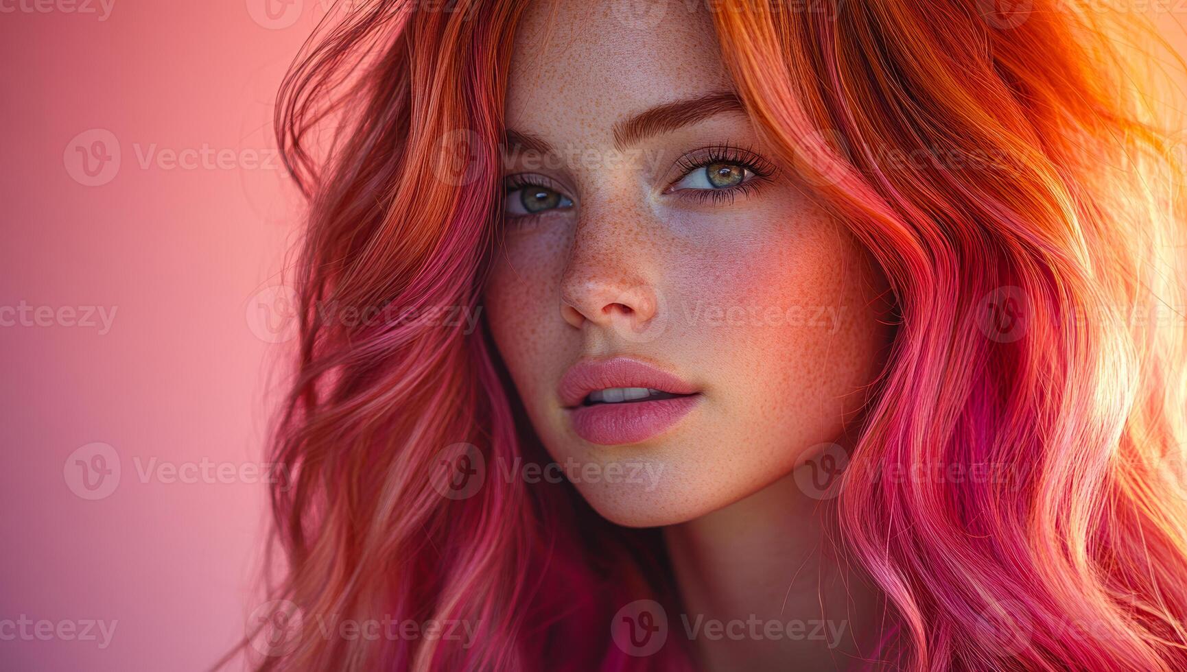 A woman with pink hair and green eyes. She is smiling and looking at the camera. The pink hair is styled in a way that it looks like it is made of small strands photo