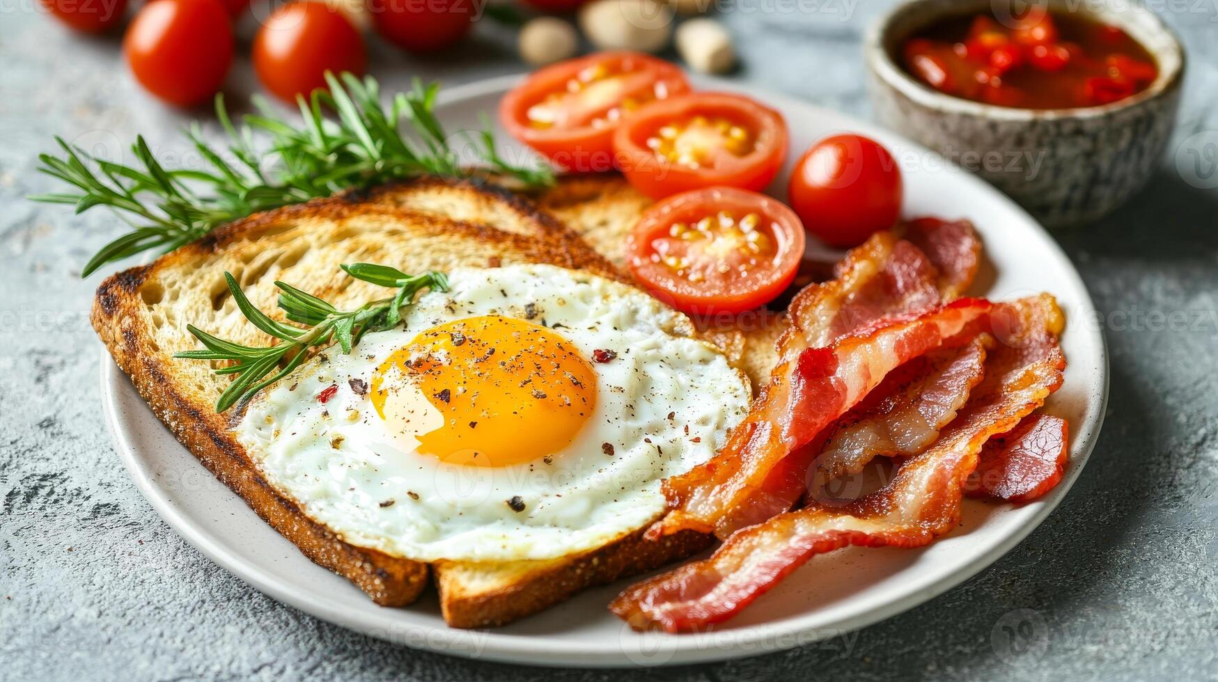 A plate of bacon, eggs, and tomatoes. The plate is white and the food is colorful photo