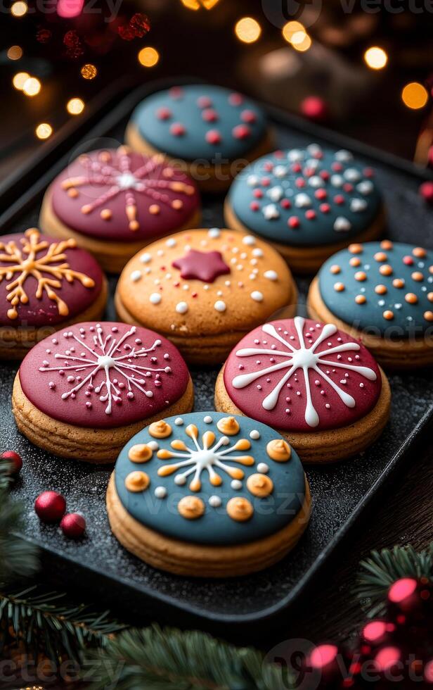 A tray of colorful cookies with a star on top. The cookies are decorated with white icing and sprinkles photo