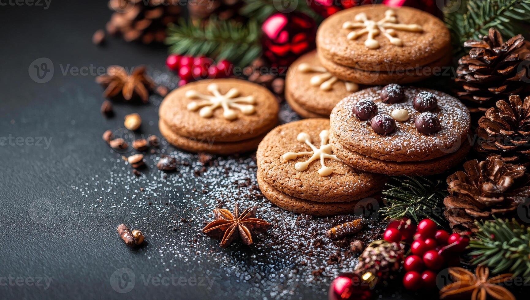 A plate of cookies with a sprinkle of cinnamon on top. The cookies are decorated with snowflakes and are piled on top of each other. The plate is surrounded by pine cones and berries photo