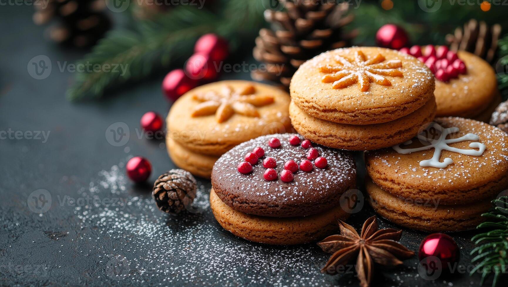 A stack of cookies with a red and white star on top. The cookies are decorated with icing and sprinkles photo