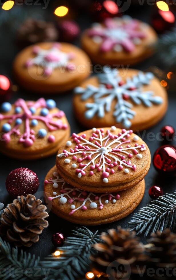 A close up of a plate of cookies with snowflake designs on them. The cookies are stacked on top of each other and are surrounded by pine cones and red ornaments. The image conveys a festive photo