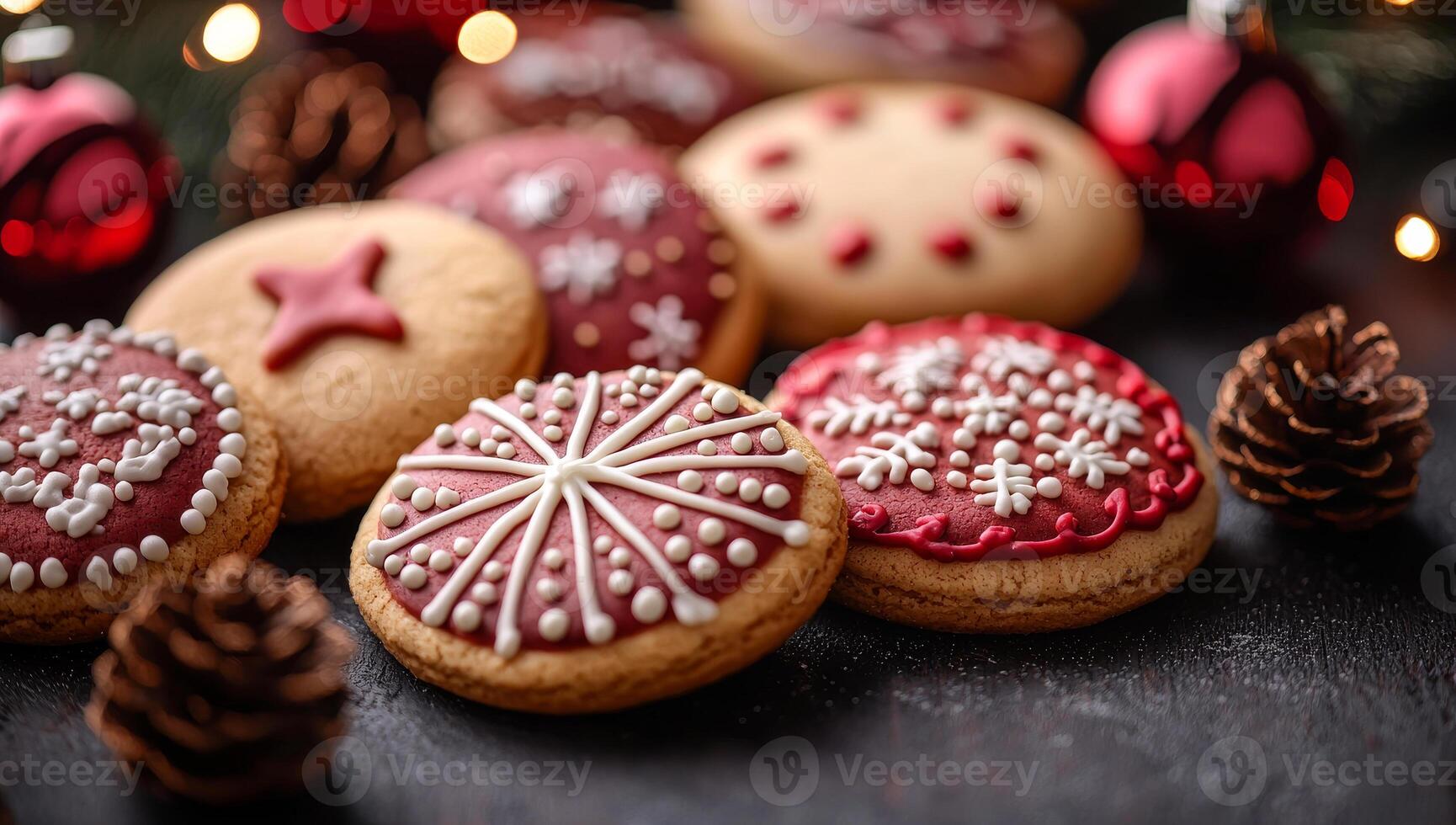 A collection of cookies with snowflakes and stars on them. The cookies are arranged on a table with pine cones in the background photo