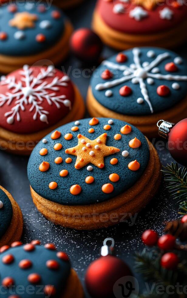 A group of cookies with stars and snowflakes on them. The cookies are decorated in blue and orange photo