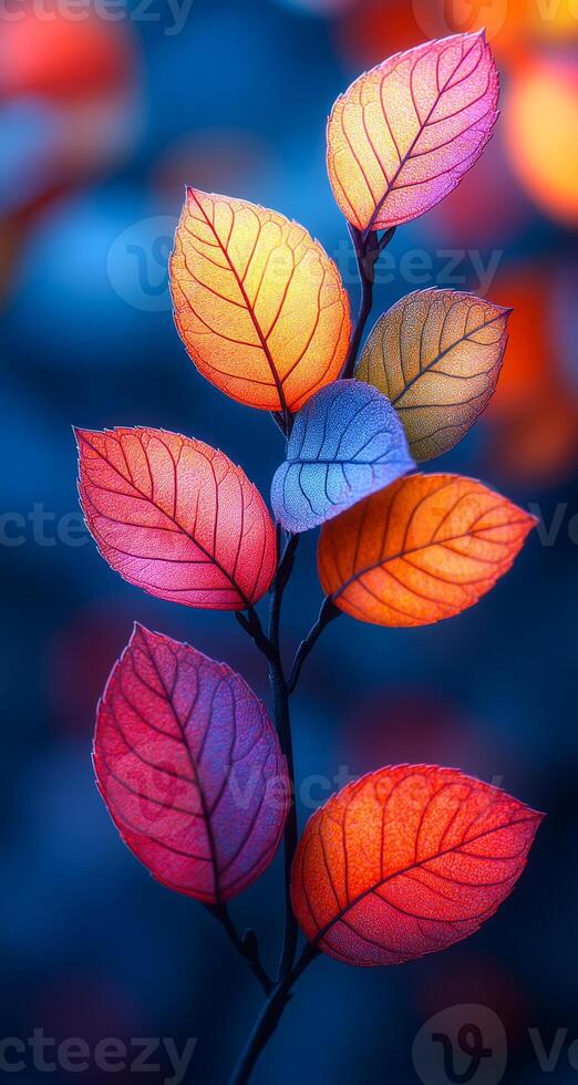 A colorful leafy branch with a blue background. The leaves are in various shades of red, orange, and yellow. Concept of vibrancy and life, as the colors of the leaves contrast with the blue background photo