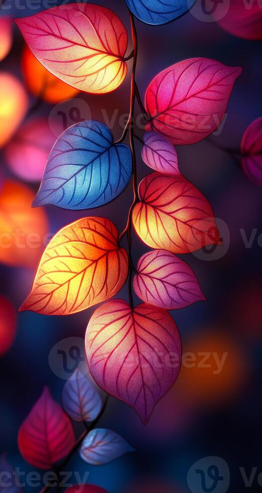 A colorful leafy branch with a blue leaf in the middle. The rest of the leaves are red and yellow photo