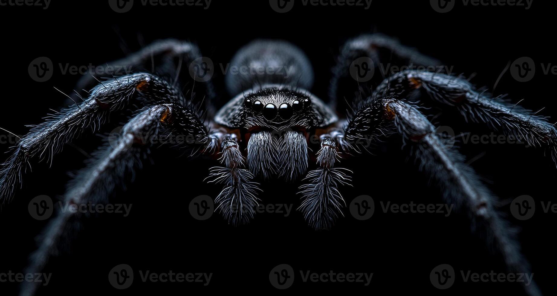 A spider is shown in a close up on a black background. The spider is large and has a menacing look photo