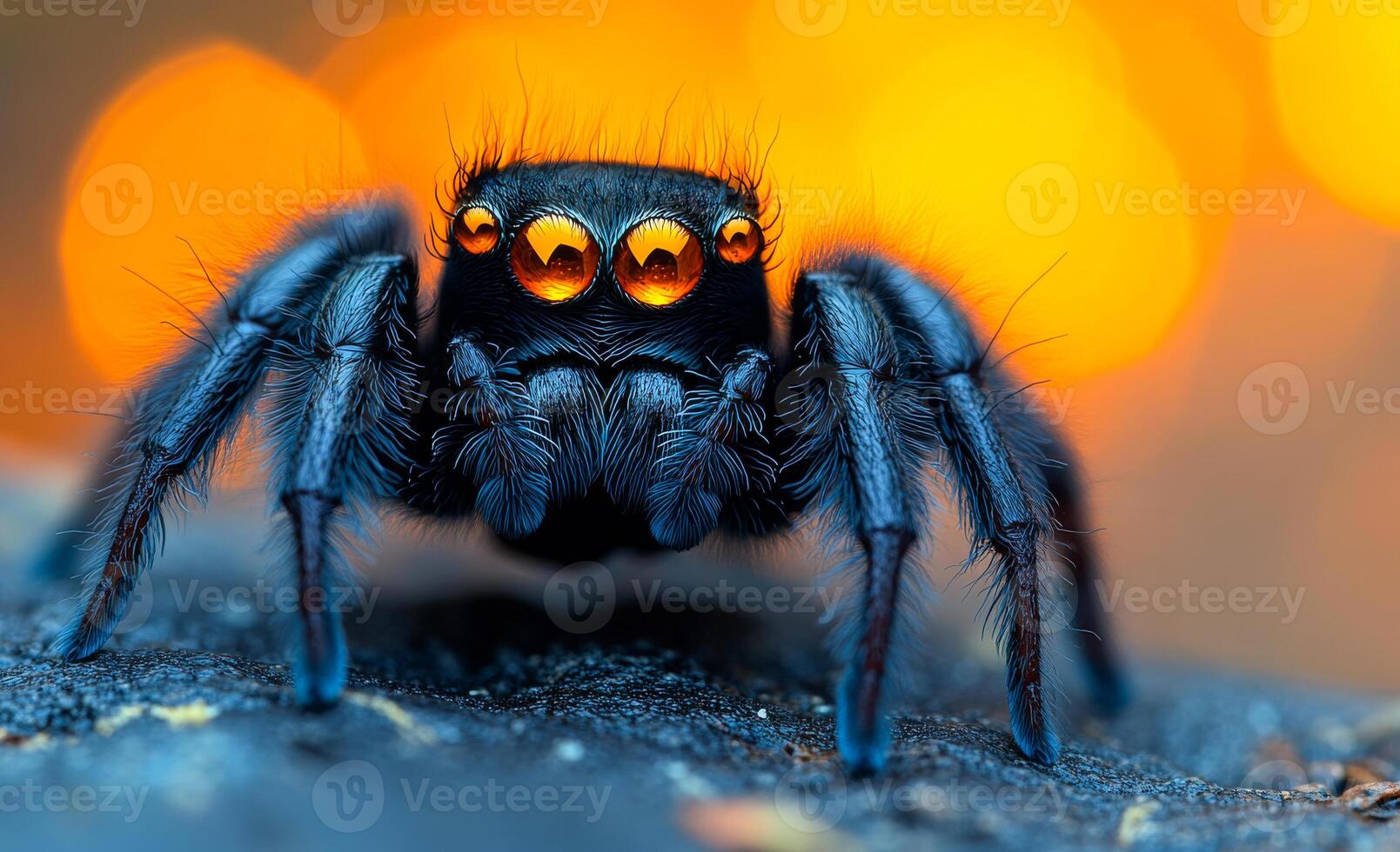 A spider with red eyes is staring at the camera. The spider is black and blue in color photo