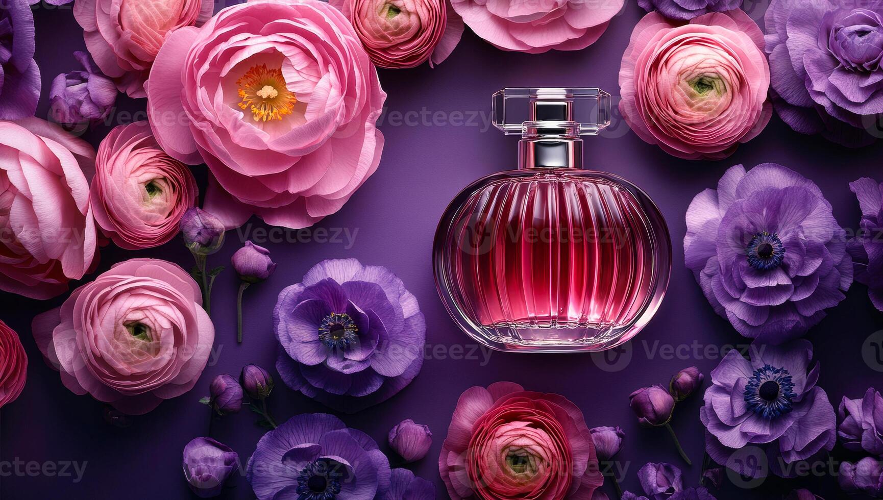 A bottle of perfume is surrounded by a bunch of flowers. The perfume bottle is pink and has a clear top. The flowers are purple and are arranged in a way that they complement the perfume bottle photo
