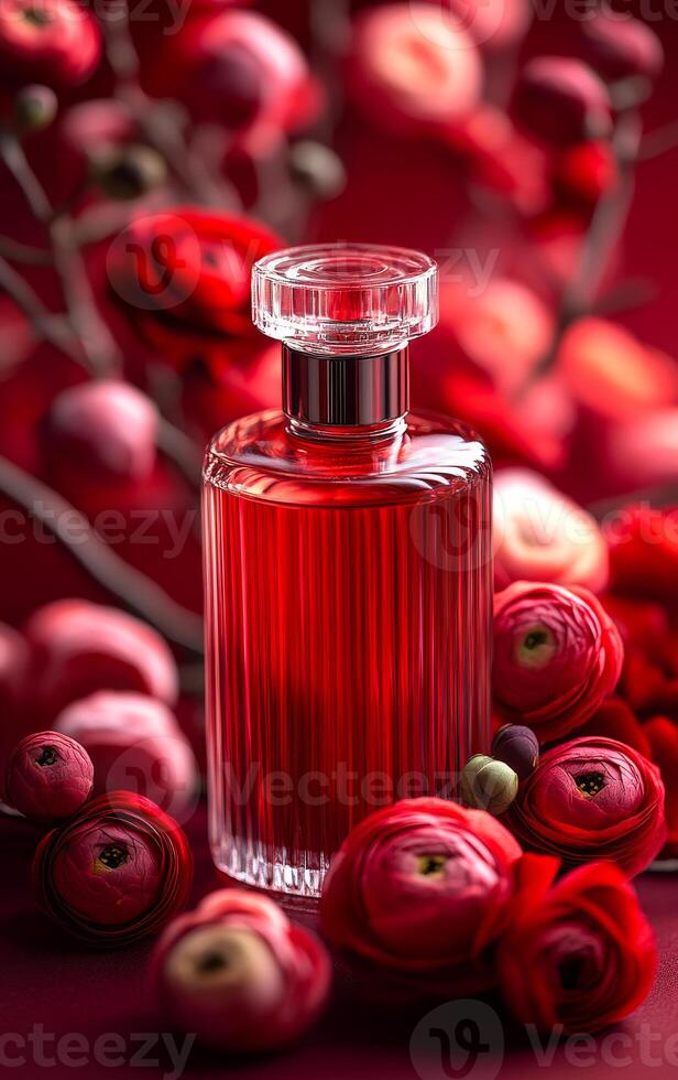 A bottle of perfume is displayed on a table with red flowers. The bottle is clear and has a red label. The flowers are arranged in a way that they complement the bottle photo