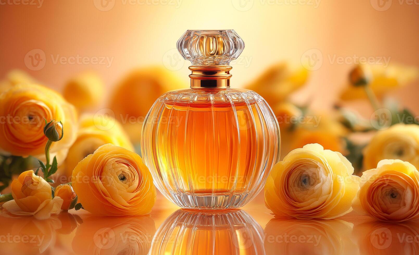 A bottle of perfume is displayed on a table with yellow flowers. The bottle is made of clear glass and has a gold top. The flowers are yellow photo