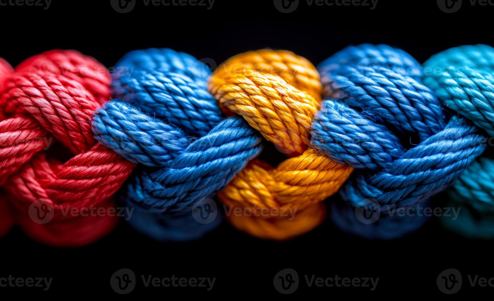 A rope with a red knot in the middle and two yellow knots on either side. photo