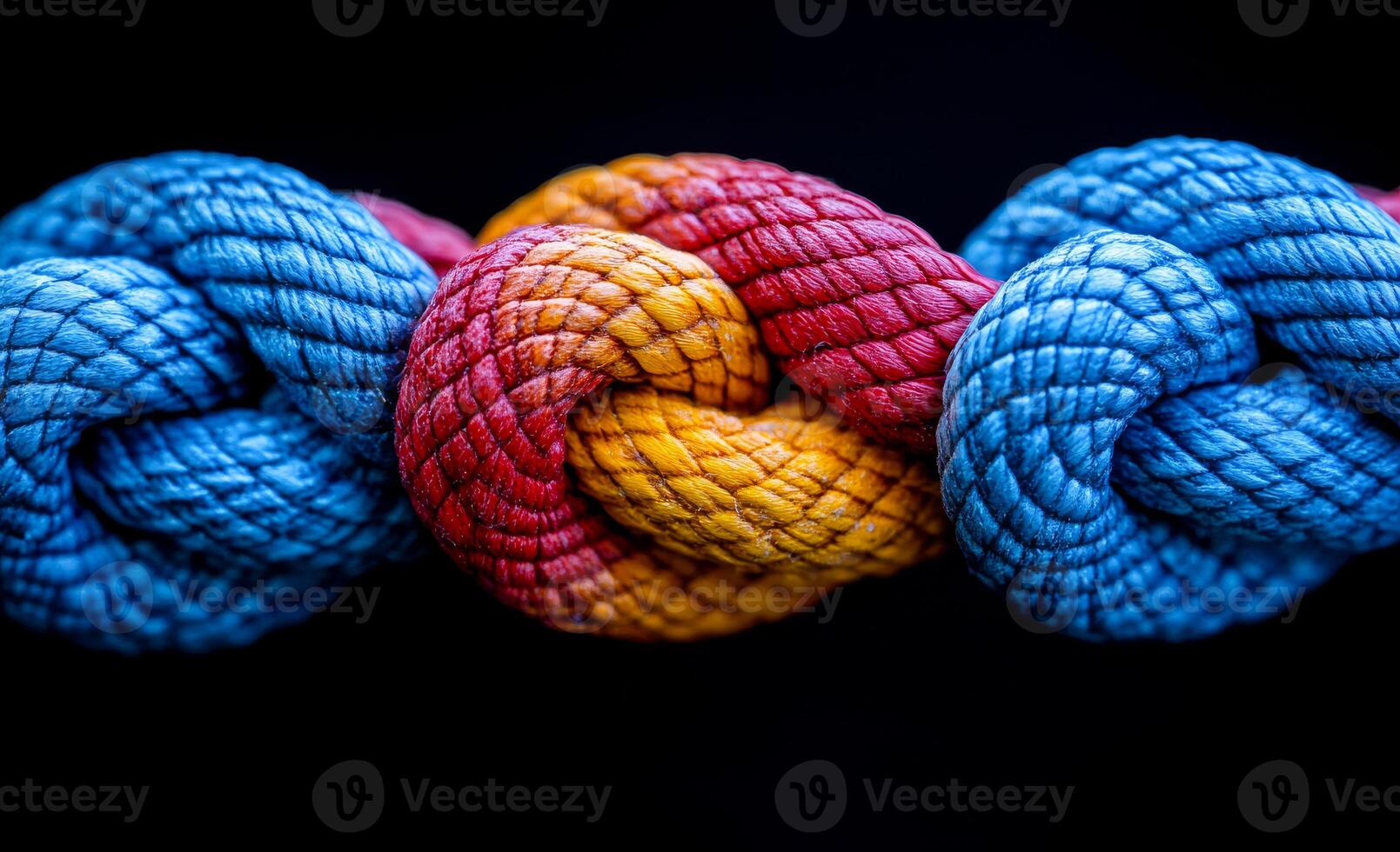 A blue and red rope is tied in a knot, with the knot being in the middle of the rope. The knot is a symbol of unity and connection, as it is made by intertwining two separate ropes into one photo