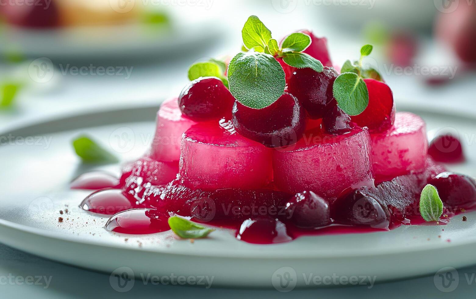 A plate of food with a pink dessert and green garnish. The dessert is a pink ice cream cake with a green garnish photo
