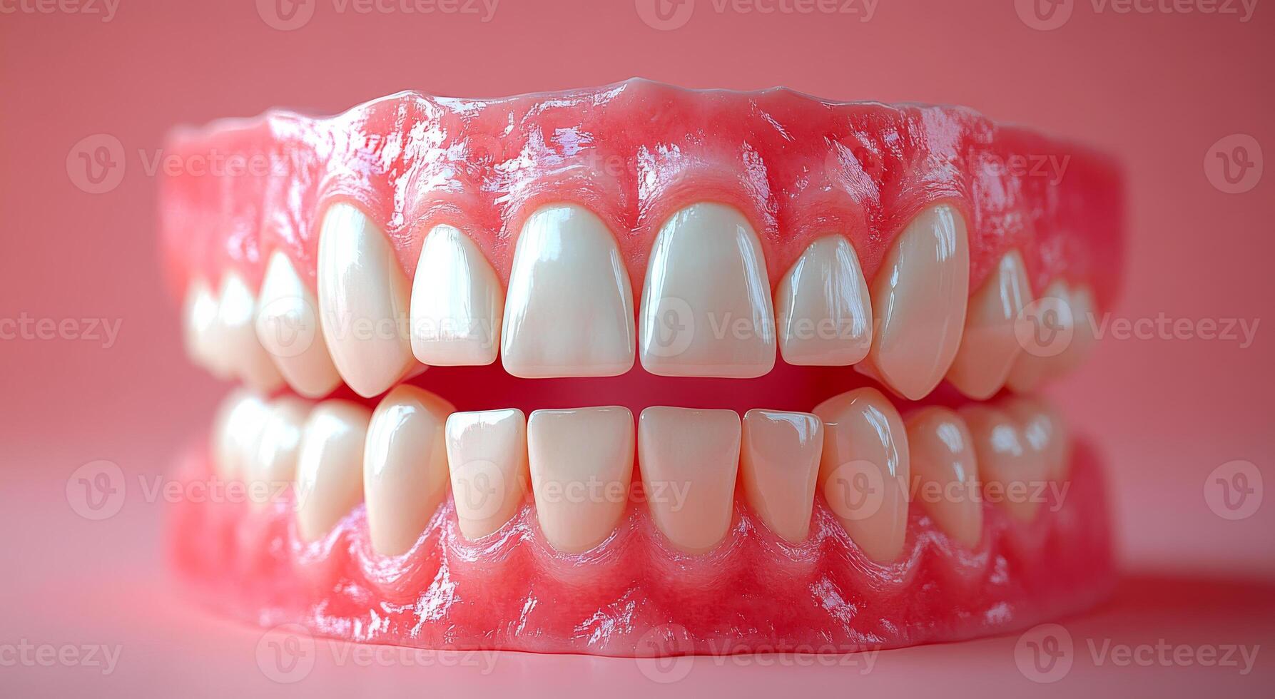 A close up of a fake tooth with a pinkish hue. The tooth is fake and he is a model photo