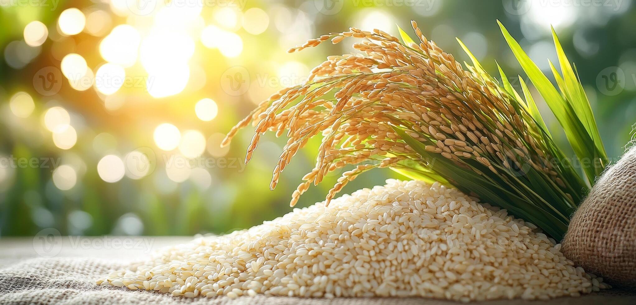 A bunch of rice is on a table next to a bag. The rice is brown and the bag is brown photo