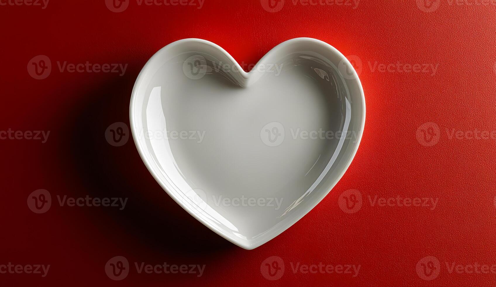A white plate with a heart shape on it is placed on a red background. The heart shape is the main focus of the image, and the red background adds a sense of warmth and passion to the scene photo