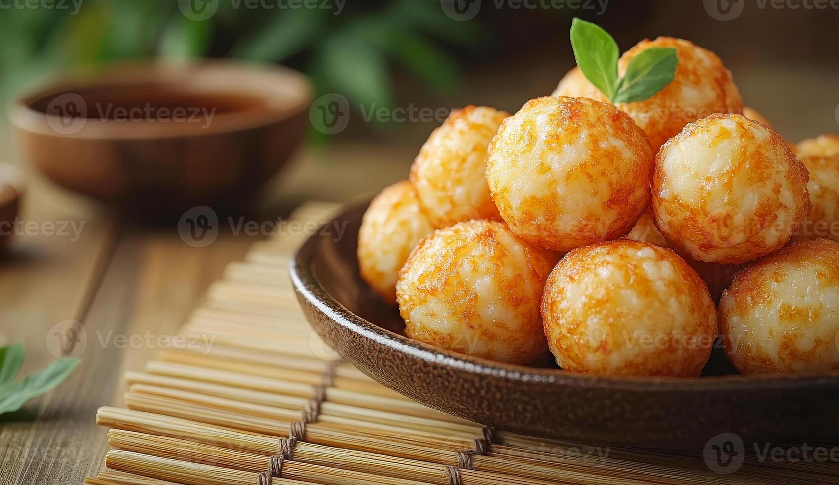 A plate of fried dough balls with a bowl of sauce in the background. Scene is casual and inviting, as the food looks delicious and ready to be eaten photo