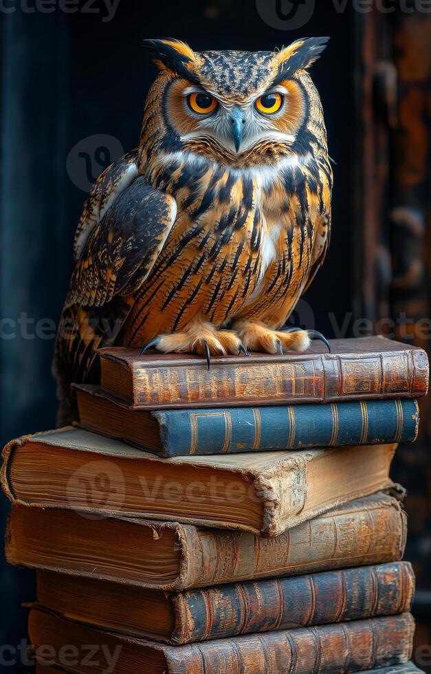A large owl is perched on top of a stack of books. The owl is looking directly at the camera, creating a sense of curiosity and intrigue. The scene evokes a feeling of mystery and wonder photo