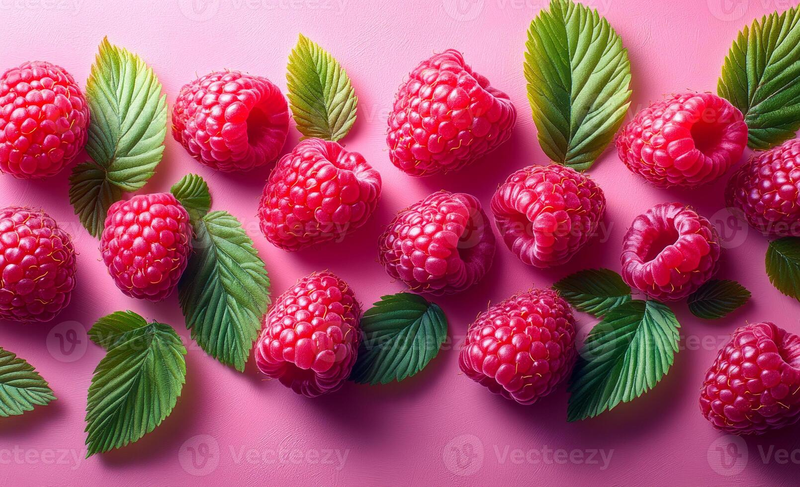 A close up of a bunch of red raspberries with green leaves. The raspberries are arranged in a row, with some overlapping and others standing alone. Scene is fresh and healthy photo