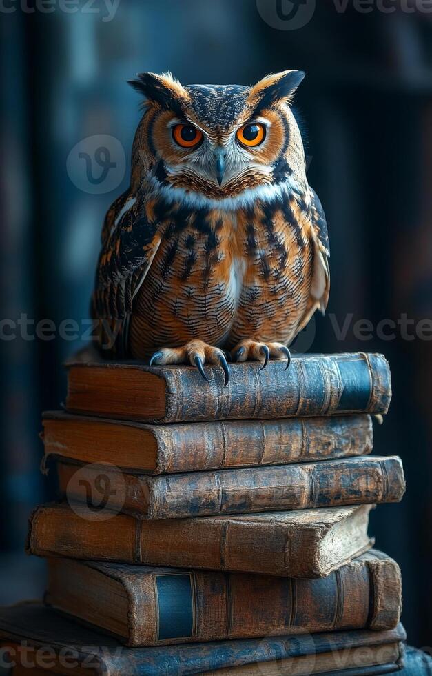 A large owl is perched on top of a stack of books. The owl is looking directly at the camera, creating a sense of curiosity and intrigue. The scene evokes a feeling of mystery and wonder photo