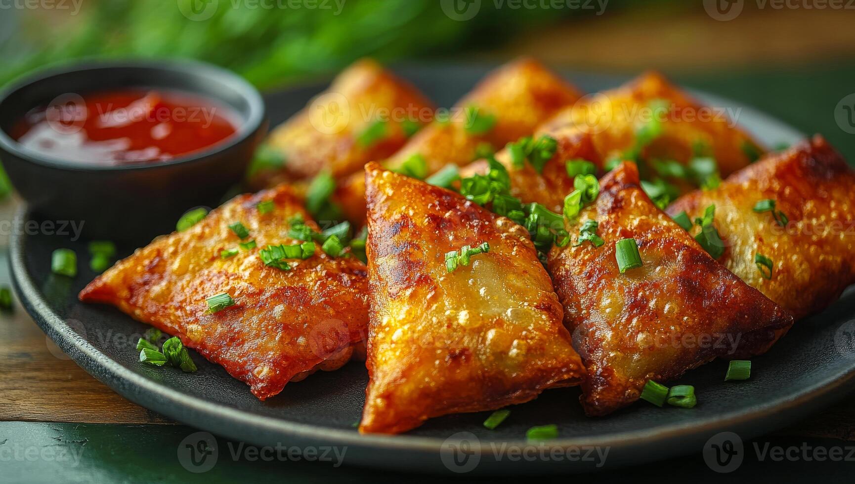 A plate of fried food with a black plate and a red sauce. The food is covered in green onions photo