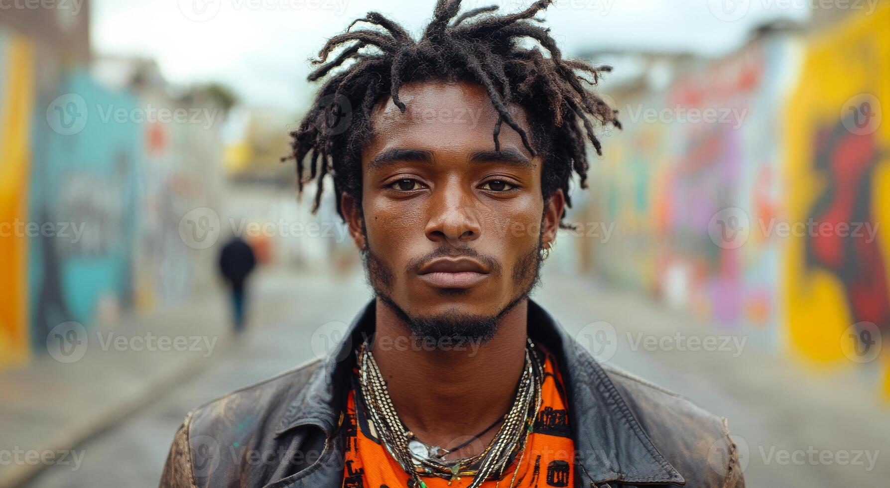 A man with dreadlocks and a black beard stands in front of a graffiti wall. He is wearing an orange shirt and a leather jacket photo