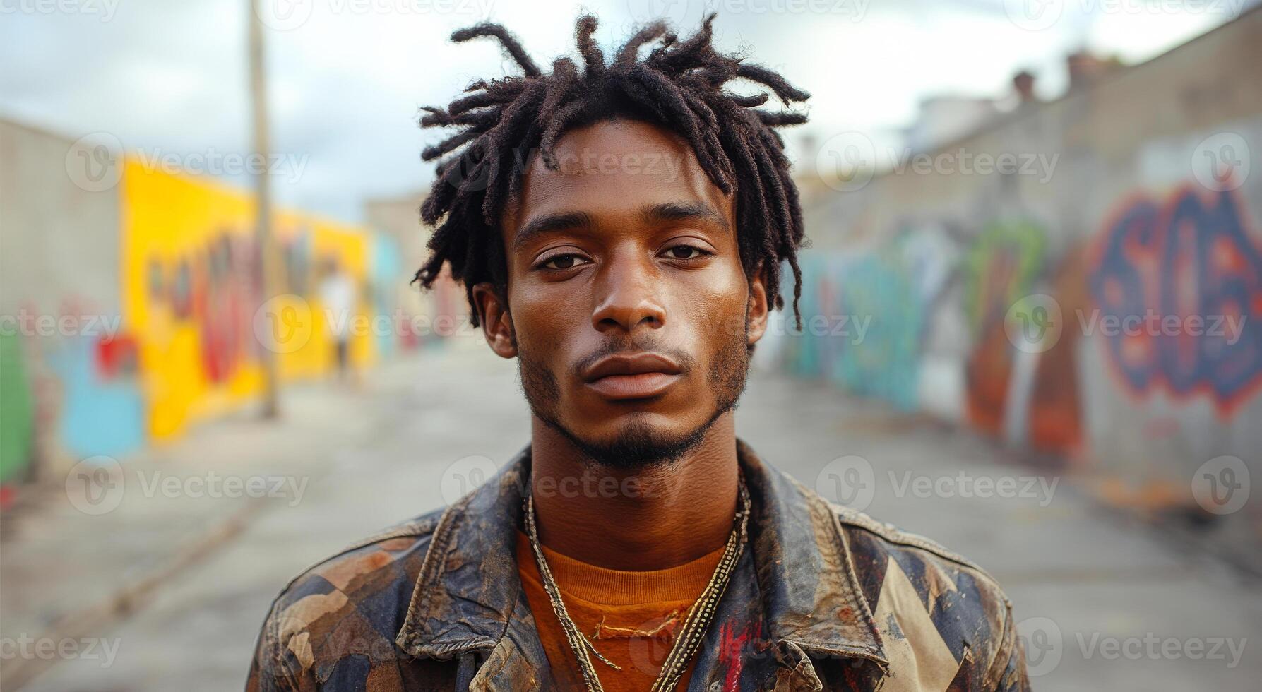 A man with dreadlocks stands in front of a graffiti wall. He is wearing a jacket and a necklace photo