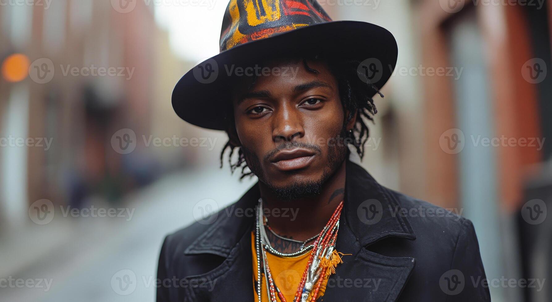 A man wearing a hat and a black coat is standing on a street. He is wearing a lot of jewelry and has a beard photo
