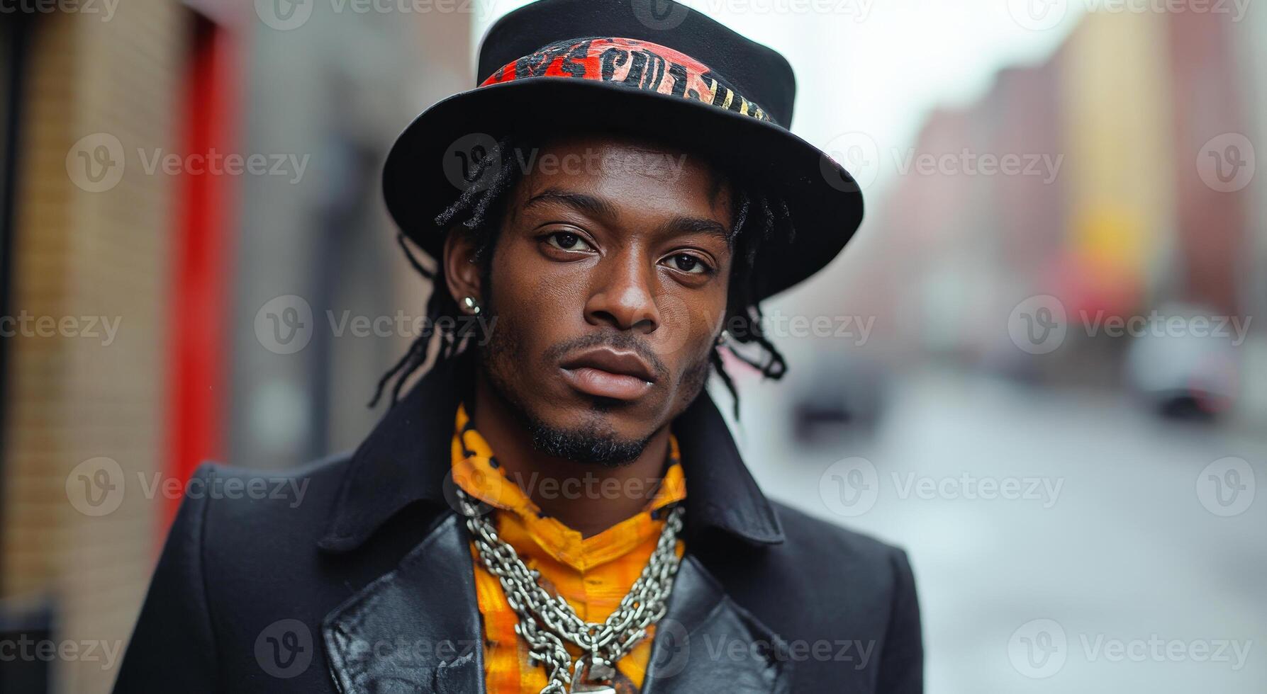 A man wearing a black hat and a yellow shirt is standing on a street. He has a serious expression on his face photo