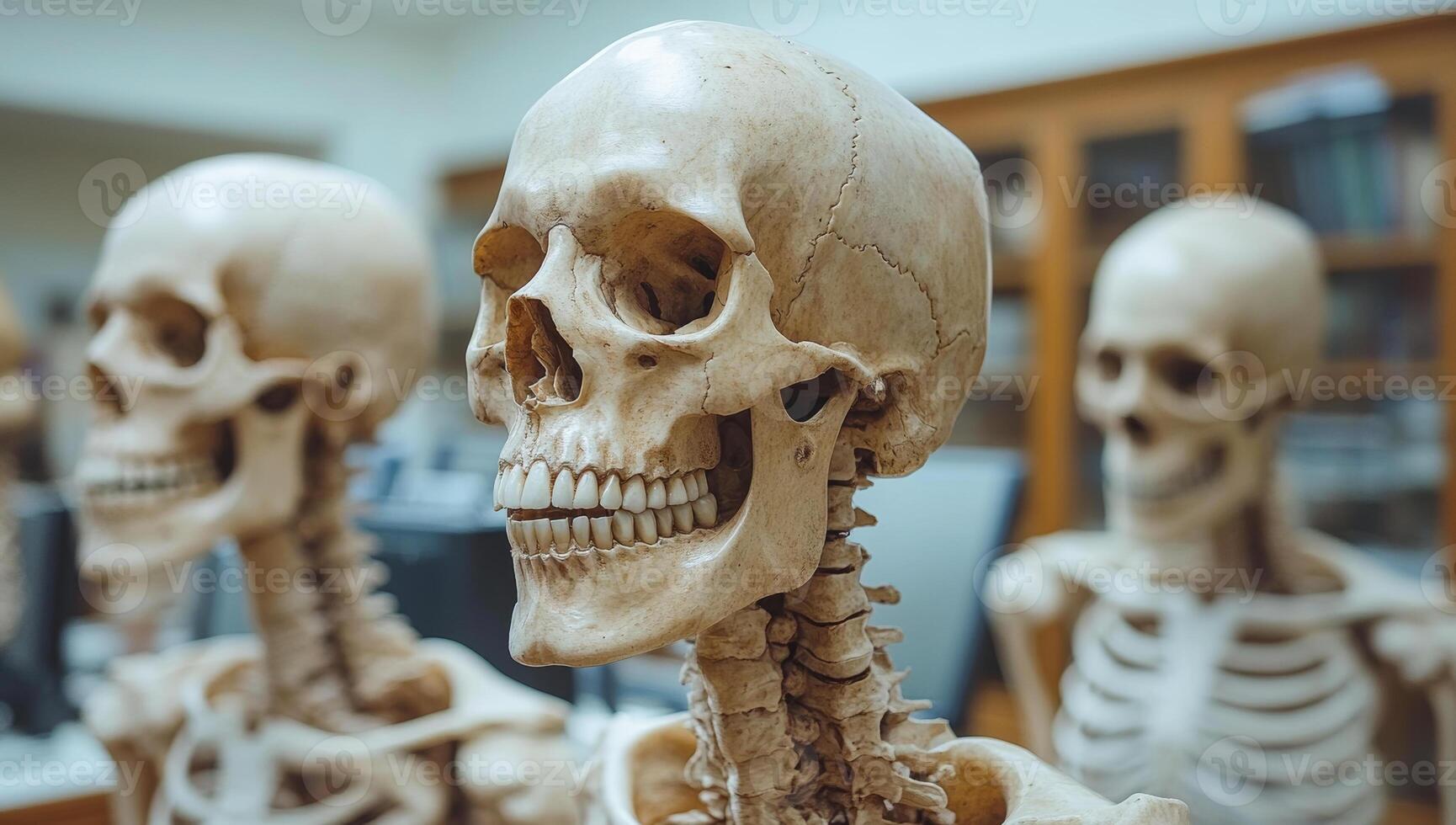 Three skeletons are standing in a room with a computer monitor in the background. The room appears to be a laboratory or a classroom photo