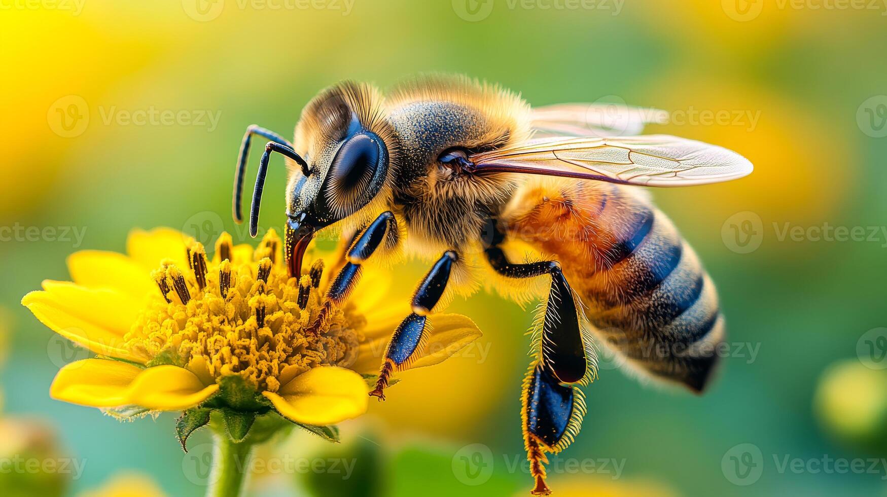 A bee is on a yellow flower, eating the nectar. Concept of harmony and balance between the bee and the flower, as they both benefit from each other's presence. The bee is a symbol of hard work photo