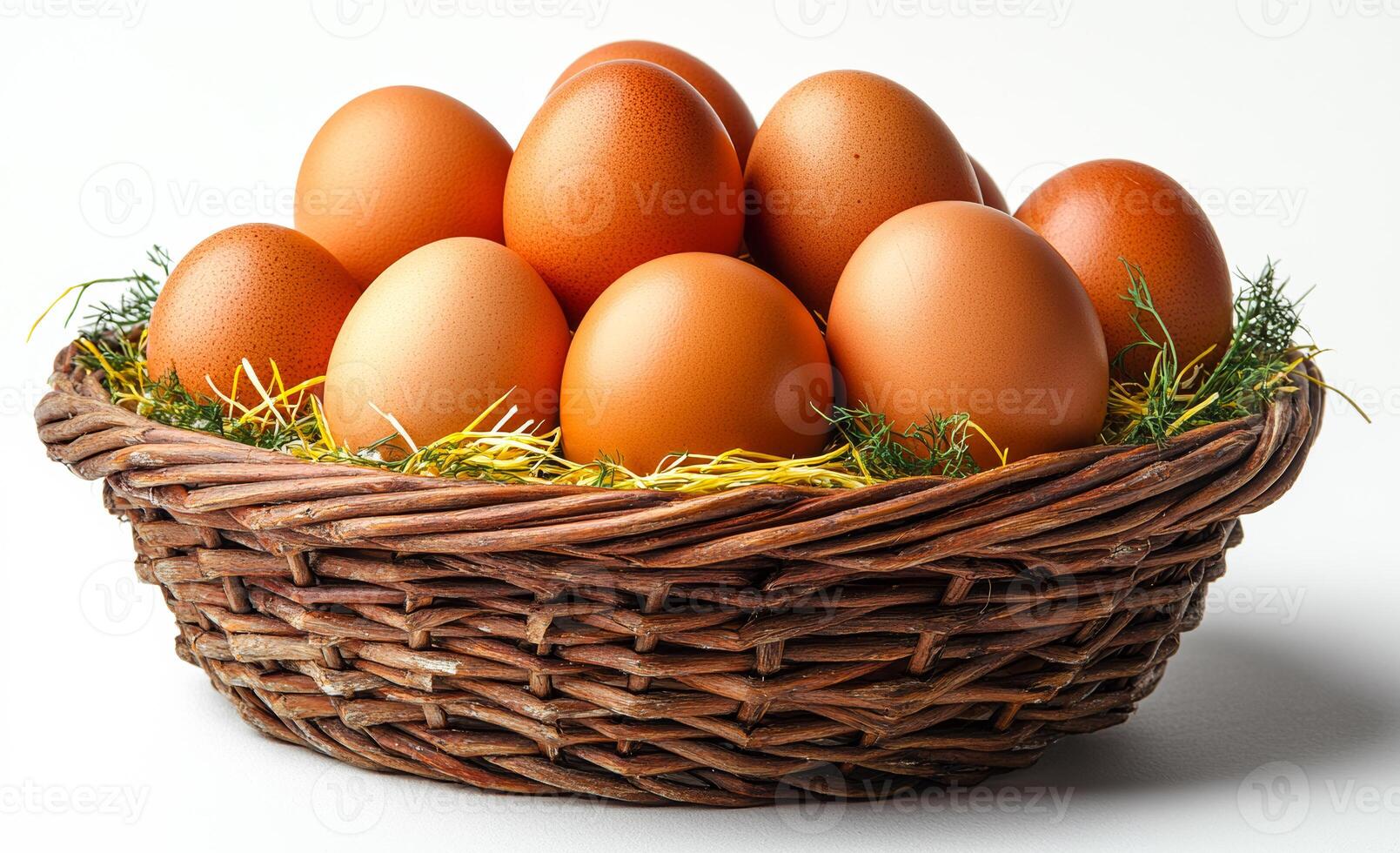 A basket full of eggs is sitting on a white background. The basket is woven and filled with eggs of various sizes. The eggs are arranged in a way that they are all facing the same direction photo